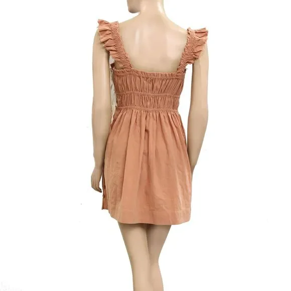 Free People Free Est Claudette Mini Dress Pleated Classic Cotton Brown XS 279512 - Picture 3 of 5